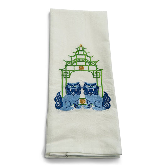Towel - Blue Shisa Lions with Green Pagoda on white
