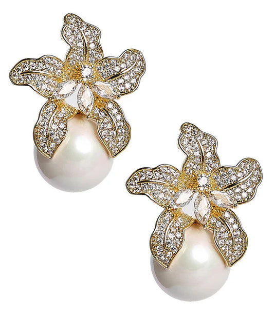 Beth Rhinestone & Pearl Earrings | Gold