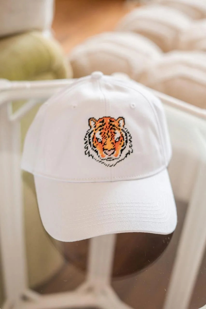 Tiger Needlepoint White Hat